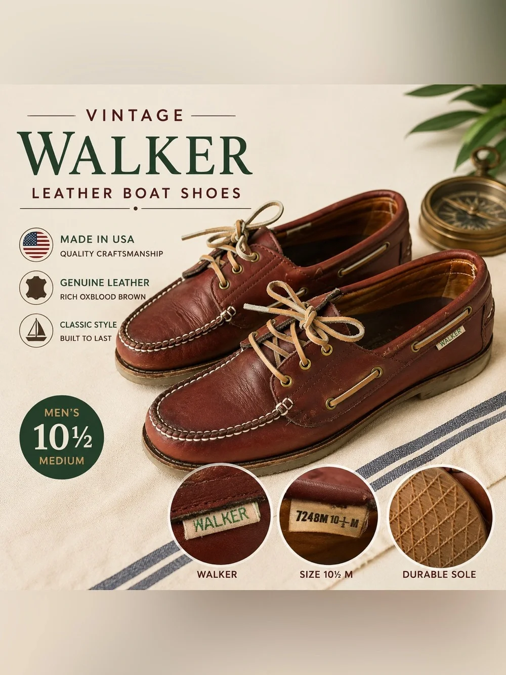 Vintage Walker USA Leather Boat Shoes Men’s 10.5 Oxblood Made USA